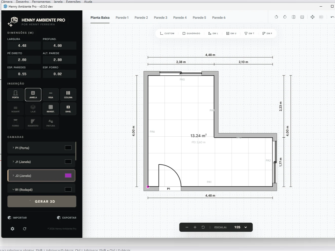 Interface do Henny Ambiente Pro no SketchUp